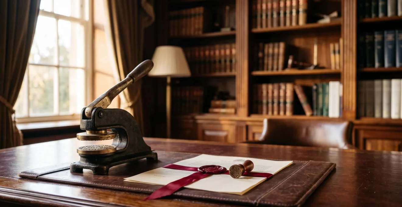 Bureau de notaire evoquant la force probante d'un acte authentique, sceau et documents officiels