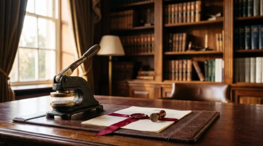 Bureau de notaire evoquant la force probante d'un acte authentique, sceau et documents officiels