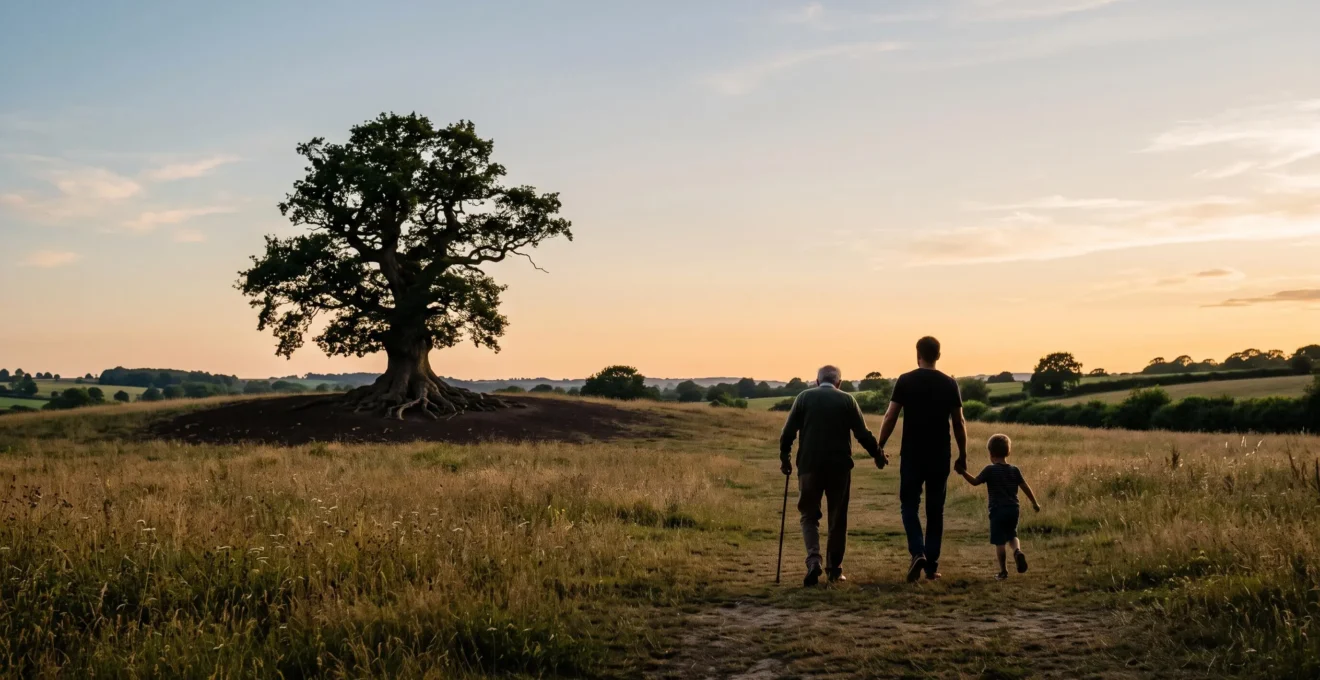 Trois générations d'une famille marchant ensemble vers un grand arbre au crépuscule, symbole de la transmission du patrimoine sur le long terme