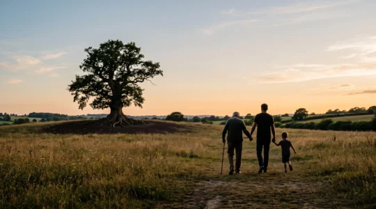 Trois générations d'une famille marchant ensemble vers un grand arbre au crépuscule, symbole de la transmission du patrimoine sur le long terme