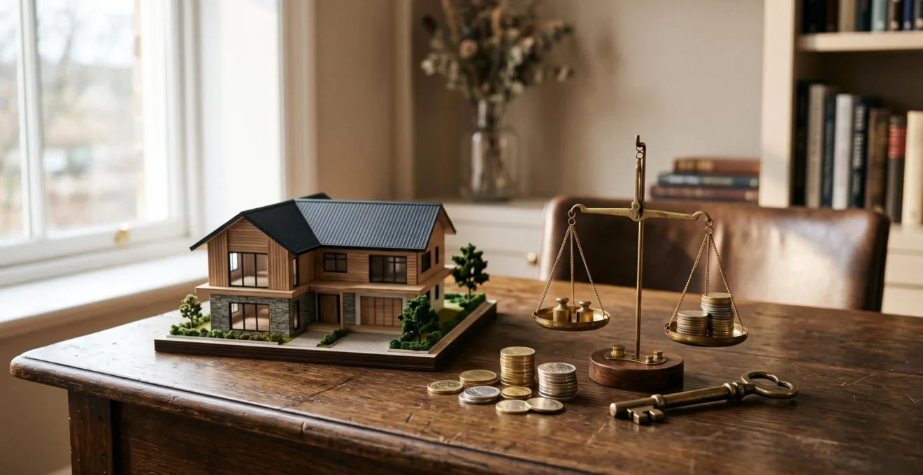 Composition symbolique représentant l'équilibre et la vue d'ensemble d'un patrimoine à travers une maquette de maison, des pièces empilées et une clé sur un bureau en bois