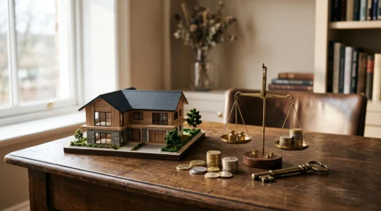 Composition symbolique représentant l'équilibre et la vue d'ensemble d'un patrimoine à travers une maquette de maison, des pièces empilées et une clé sur un bureau en bois