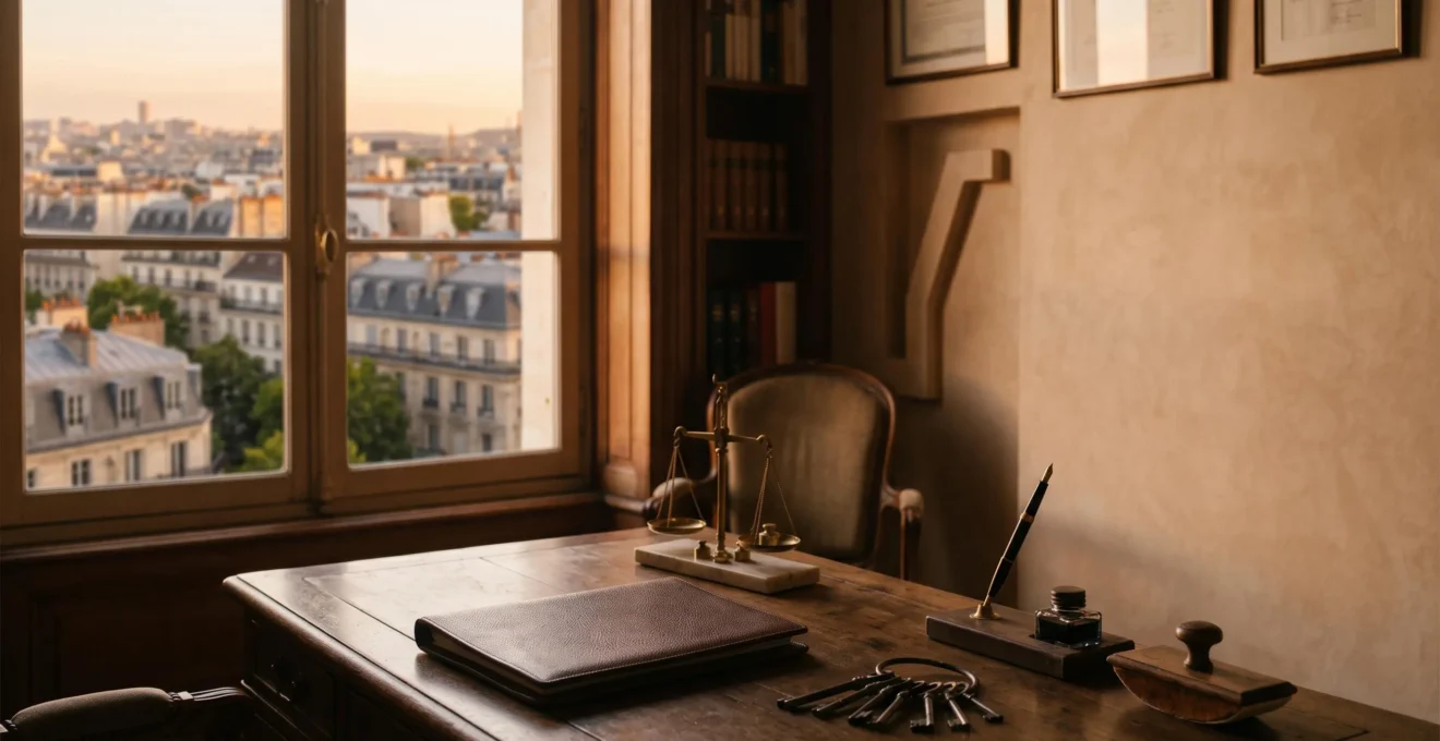 Compromis de vente immobilier posé sur un bureau de notaire avec une balance symbolisant l'équilibre entre les différents frais d'acquisition