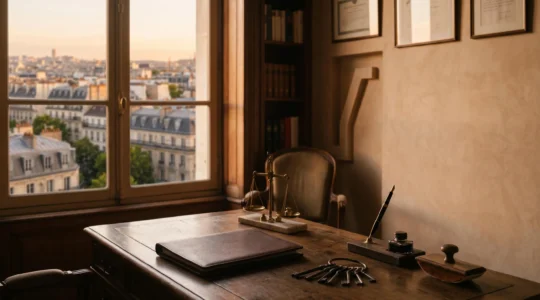 Compromis de vente immobilier posé sur un bureau de notaire avec une balance symbolisant l'équilibre entre les différents frais d'acquisition
