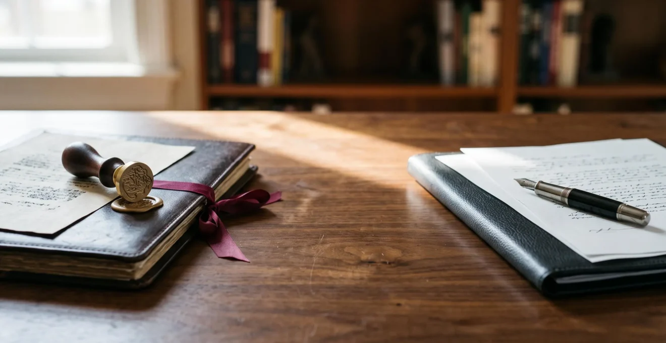 Deux mains professionnelles échangeant un document scellé sur un bureau en bois, symbolisant le choix entre deux expertises juridiques complémentaires