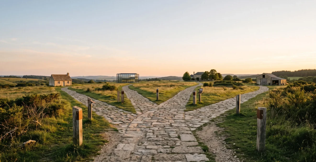 Illustration symbolique d'un chemin se divisant en plusieurs directions dans un paysage epure, representant le choix entre differentes structures juridiques d'entreprise