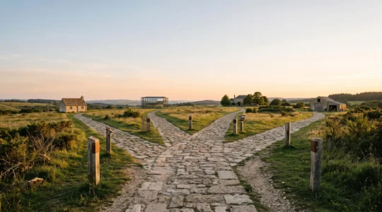 Illustration symbolique d'un chemin se divisant en plusieurs directions dans un paysage epure, representant le choix entre differentes structures juridiques d'entreprise