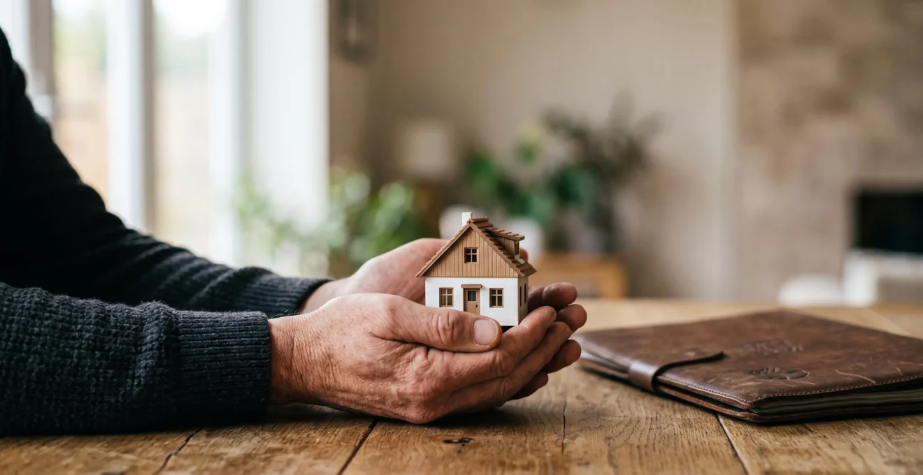 Illustration symbolique d'un contrat de prêt immobilier protégeant une famille contre les imprévus de la vie