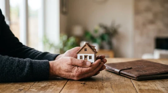 Illustration symbolique d'un contrat de prêt immobilier protégeant une famille contre les imprévus de la vie