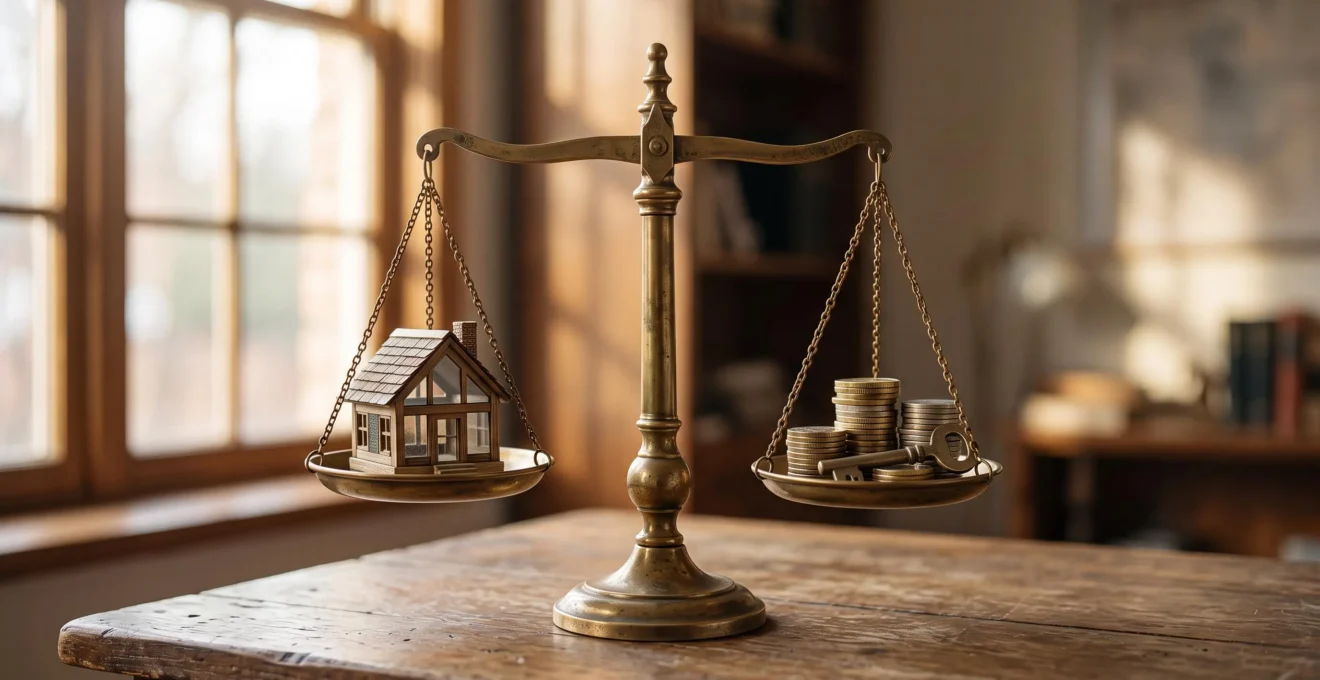 Une balance en cuivre met en equilibre une maison miniature et des pieces de monnaie, symbolisant la comparaison globale de deux offres de credit immobilier