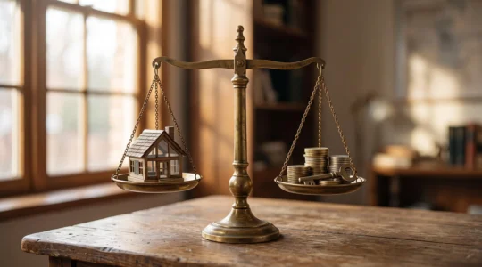 Une balance en cuivre met en equilibre une maison miniature et des pieces de monnaie, symbolisant la comparaison globale de deux offres de credit immobilier