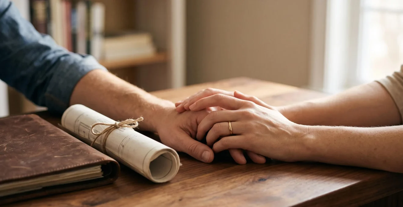 Mains d'un couple posees pres de documents relies et d'un rouleau de plans, symbolisant l'union entre vie professionnelle et patrimoine conjugal