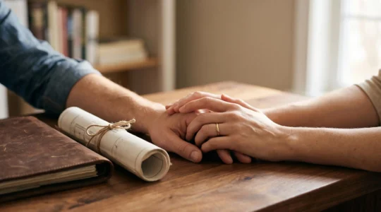 Mains d'un couple posees pres de documents relies et d'un rouleau de plans, symbolisant l'union entre vie professionnelle et patrimoine conjugal
