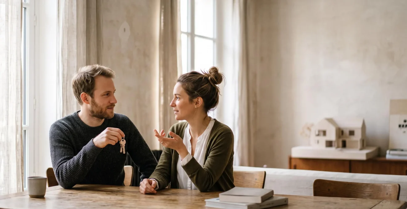 Couple étudiant sereinement les conditions d'un prêt immobilier dans un intérieur lumineux et épuré