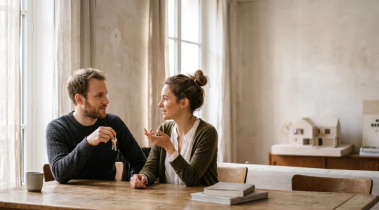 Couple étudiant sereinement les conditions d'un prêt immobilier dans un intérieur lumineux et épuré