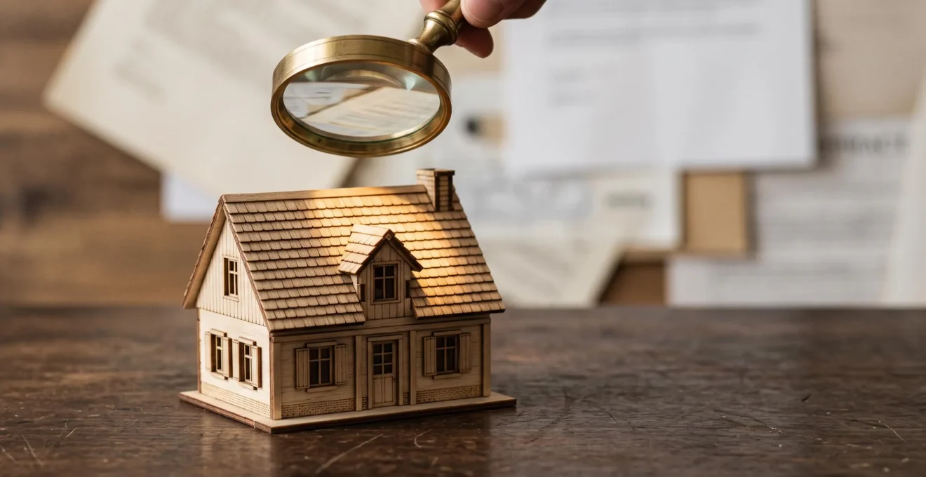 Loupe posée sur une maquette de maison symbolisant l'analyse minutieuse des clauses d'exclusion d'un contrat d'assurance habitation