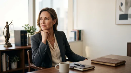 Un dirigeant d'entreprise reflechissant a ses obligations legales dans un bureau elegant, symbole de la personne morale