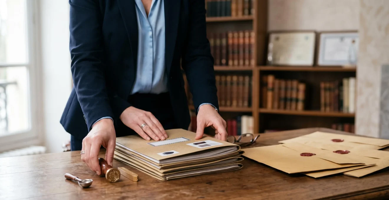 Notaire examinant avec attention un dossier de succession sur un bureau en bois, symbolisant la rigueur nécessaire pour éviter un redressement fiscal