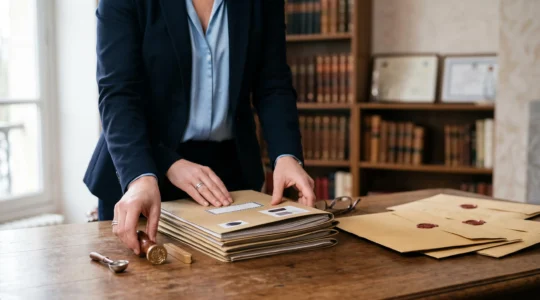 Notaire examinant avec attention un dossier de succession sur un bureau en bois, symbolisant la rigueur nécessaire pour éviter un redressement fiscal