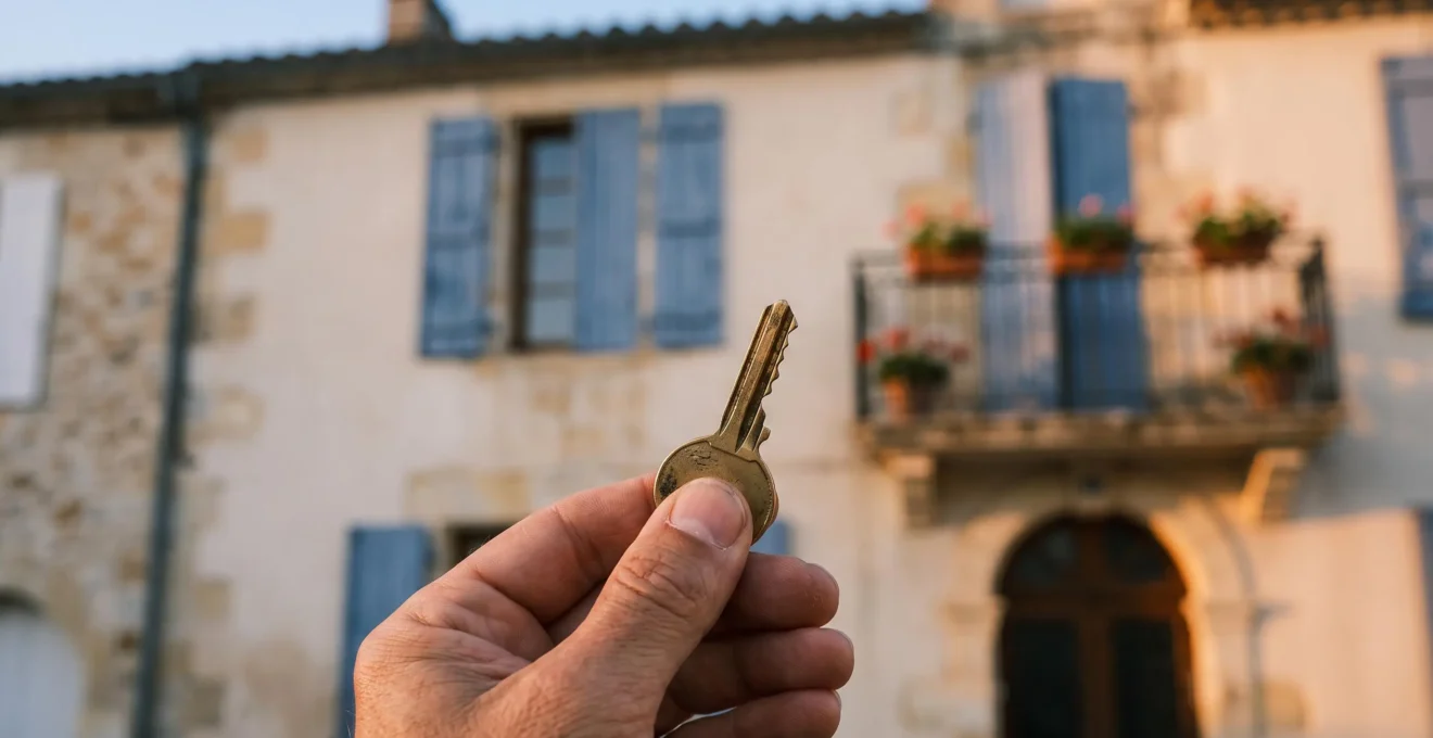 Main tenant un trousseau de clés devant une façade résidentielle française en arrière-plan flou, symbolisant les droits et obligations du propriétaire