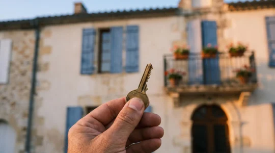 Main tenant un trousseau de clés devant une façade résidentielle française en arrière-plan flou, symbolisant les droits et obligations du propriétaire