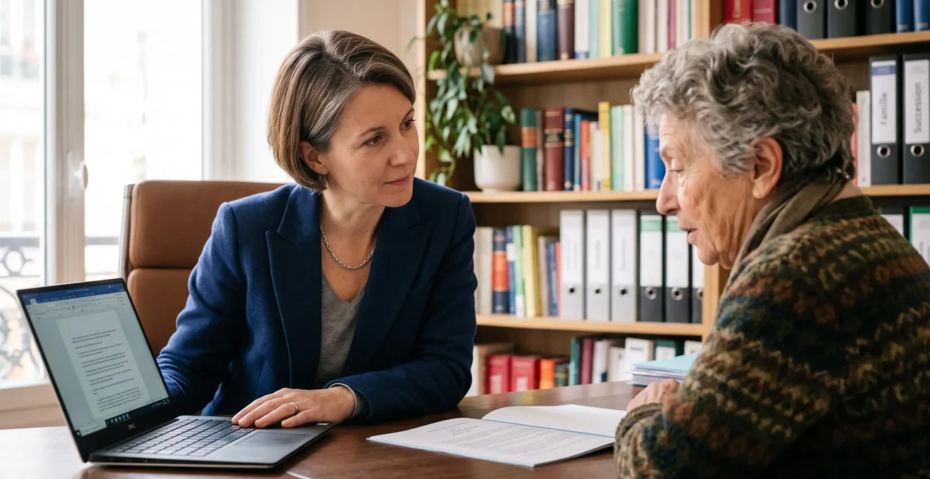 Entretien entre une personne âgée et un notaire dans un bureau contemporain