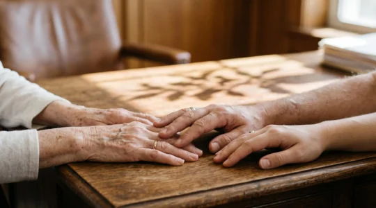 Illustration symbolique des liens familiaux entremêlés d'une succession complexe, mains de plusieurs générations posées sur une table de notaire