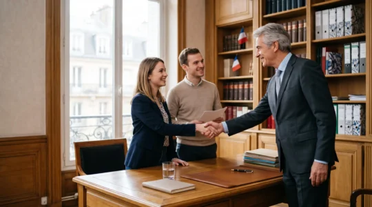 Notaire et clients échangeant autour d'un projet immobilier complexe dans un bureau élégant baigné de lumière naturelle