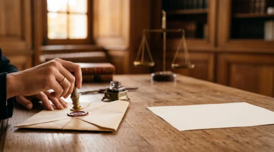Un notaire scelle un acte authentique avec un cachet officiel, symbolisant la différence avec un simple contrat privé