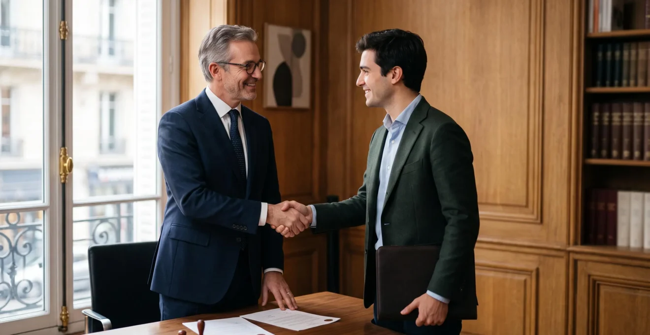 Notaire et entrepreneur se serrant la main après la signature d'un acte authentique pour la création d'une entreprise