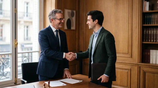 Notaire et entrepreneur se serrant la main après la signature d'un acte authentique pour la création d'une entreprise