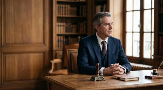 Un notaire assis à son bureau, silhouette pensive face à la lumière, symbolisant le poids d'une mise en cause pénale professionnelle