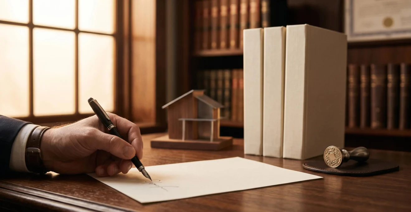 Notaire et entrepreneurs signant les statuts d'une nouvelle societe dans une etude notariale