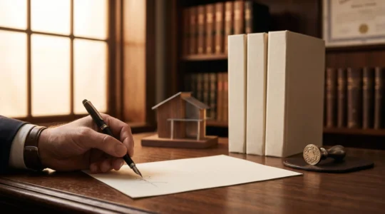 Notaire et entrepreneurs signant les statuts d'une nouvelle societe dans une etude notariale