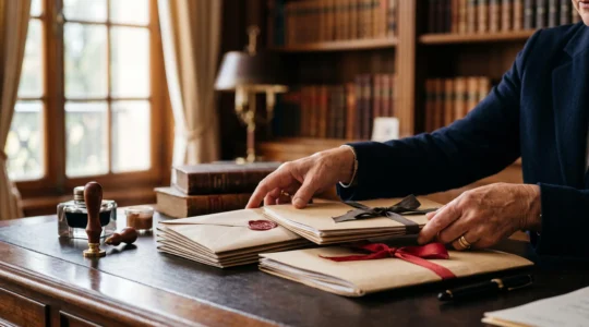 Un notaire organise avec soin les documents d'une succession sur un bureau en bois, symbolisant la rigueur administrative de son accompagnement
