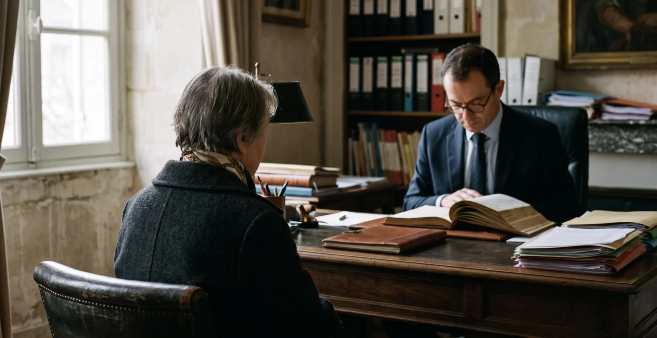 Scène chez un notaire en France avec signature d'un testament