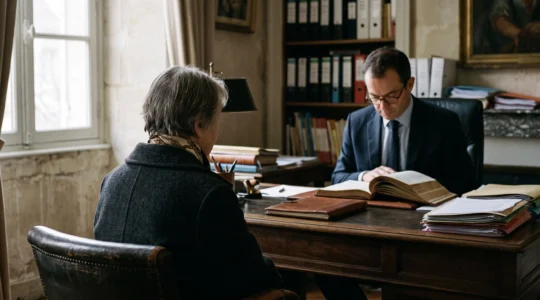 Scène chez un notaire en France avec signature d'un testament