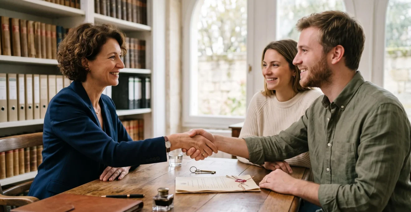 Une poignée de main entre un notaire et des futurs propriétaires au-dessus d'une clé et d'un sceau de cire, symbolisant la sécurisation d'une vente immobilière