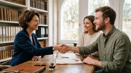 Une poignée de main entre un notaire et des futurs propriétaires au-dessus d'une clé et d'un sceau de cire, symbolisant la sécurisation d'une vente immobilière