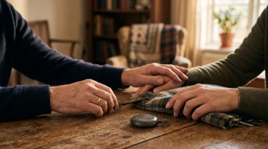 Réunion familiale apaisée autour d'objets personnels lors du partage d'un héritage