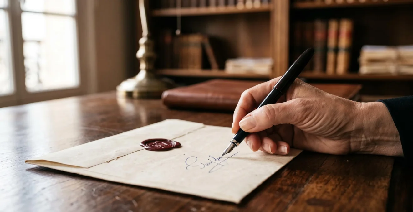 Main posant une signature soigneuse au bas d'un document juridique, symbole d'un testament sécurisé face à une contestation