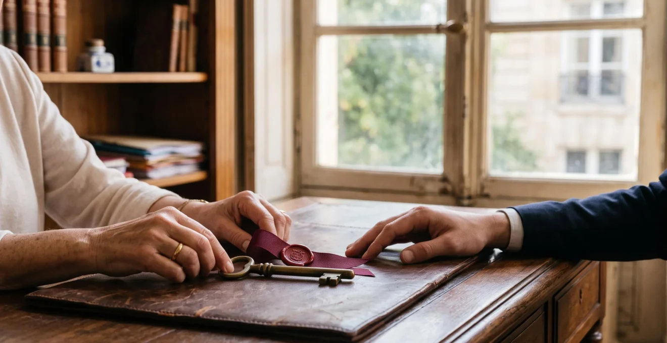 Mains tenant symboliquement un trousseau de clés et un sceau notarial au-dessus d'une table en bois, évoquant la transmission sereine d'un patrimoine familial
