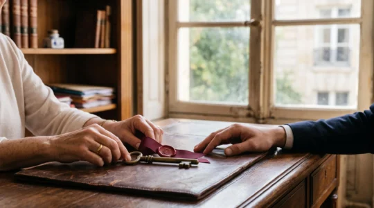 Mains tenant symboliquement un trousseau de clés et un sceau notarial au-dessus d'une table en bois, évoquant la transmission sereine d'un patrimoine familial