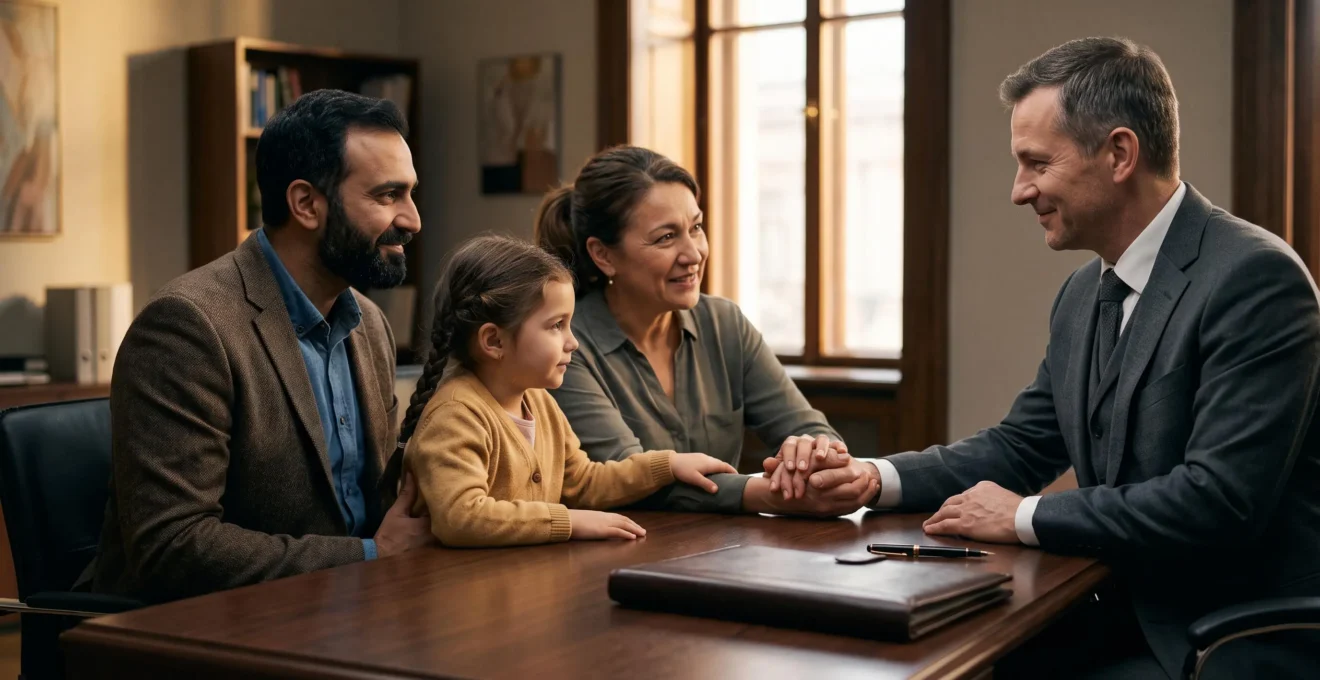 Notaire recevant une famille pour un rendez-vous consacré à l'adoption plénière ou simple d'un enfant