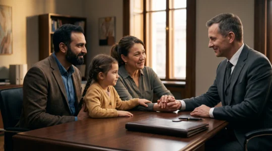 Notaire recevant une famille pour un rendez-vous consacré à l'adoption plénière ou simple d'un enfant