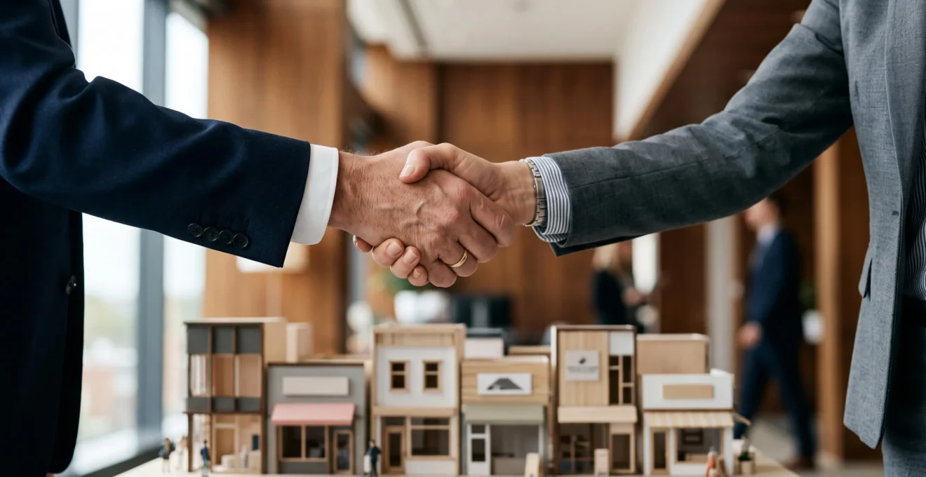 Deux mains qui scellent un accord de partenariat au-dessus d'une maquette de reseau de magasins, symbolisant la securisation d'un contrat de franchise
