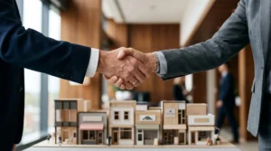 Deux mains qui scellent un accord de partenariat au-dessus d'une maquette de reseau de magasins, symbolisant la securisation d'un contrat de franchise