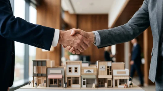 Deux mains qui scellent un accord de partenariat au-dessus d'une maquette de reseau de magasins, symbolisant la securisation d'un contrat de franchise