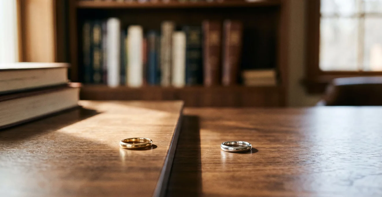 Deux anneaux de mariage posés sur une table en bois séparés par une ligne de lumière symbolisant deux patrimoines distincts au sein d'un couple