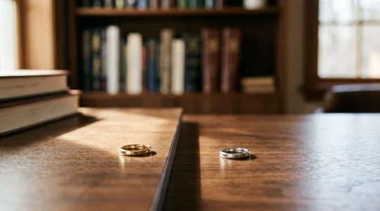 Deux anneaux de mariage posés sur une table en bois séparés par une ligne de lumière symbolisant deux patrimoines distincts au sein d'un couple